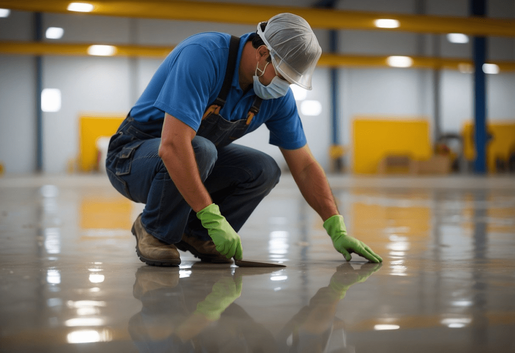 Worker preparing surface for epoxy resin flooring installation