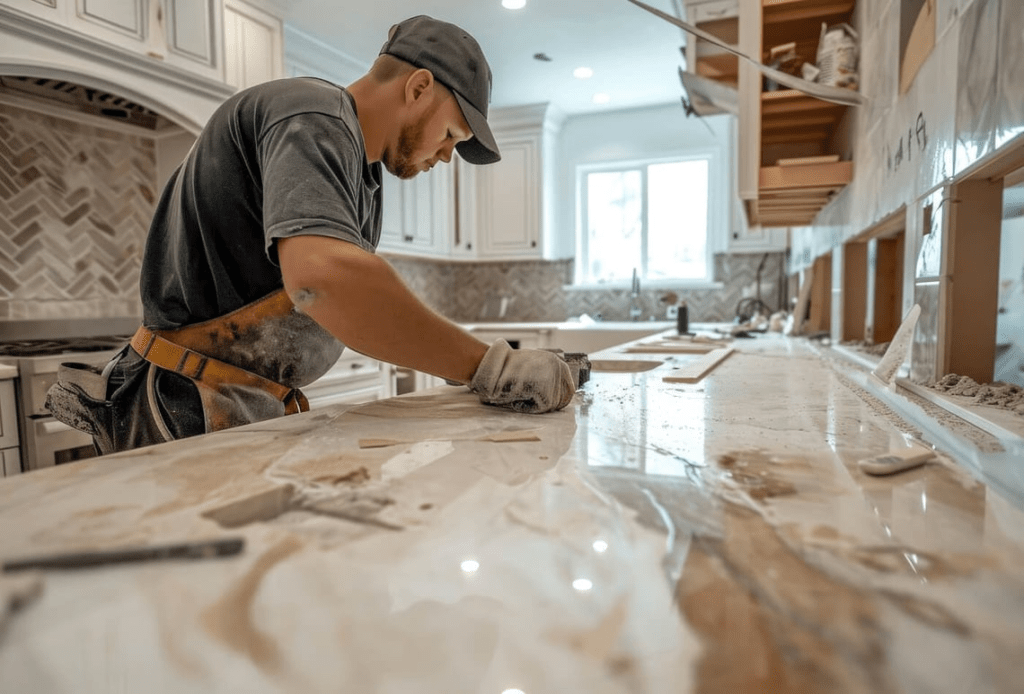 Decorative resin worktop installation for modern interiors
