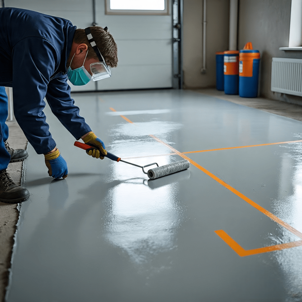 Resin flooring specialist applying epoxy floor coating